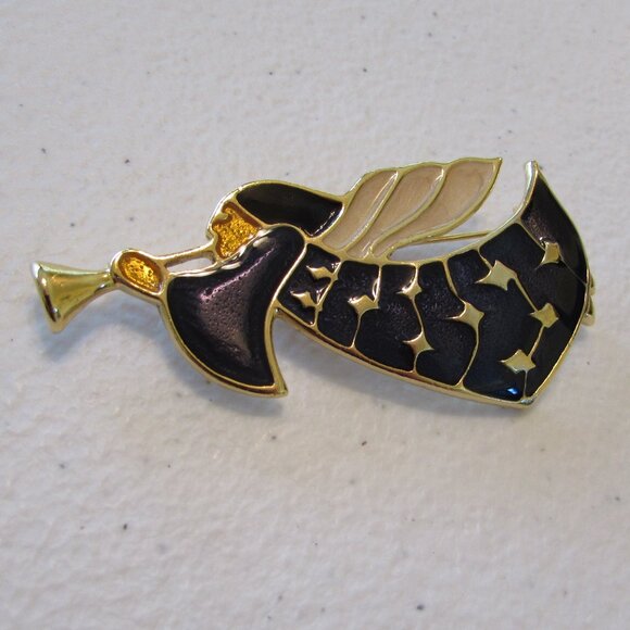 Angel Trumpet Pin Gold Tone Purple/Blue Sparkly Enamel 3" Long - Picture 3 of 8